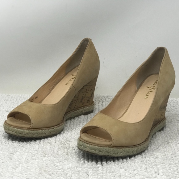 Cole Haan Shoes - Cole Haan Tan Suede Peep Toe Cork Wedge Shoes 6.5
